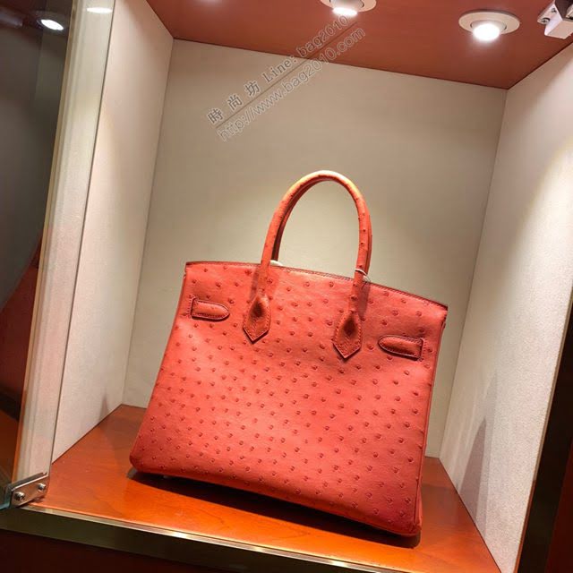 Hermes女包 愛馬仕Birkin30cm Hermes鉑金包 Ostrich鴕鳥皮 全手縫蠟線 S5 Rouge Tomate番茄紅  am1896
